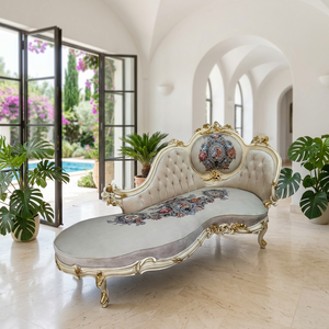Juego de Sofás de Madera de Teca Hechos a Mano en Color Blanco Dorado Antiguo, Estilo Europeo, Modular, de Madera Sólida para Sala de Estar, con Relleno de Espuma - Product Image 6