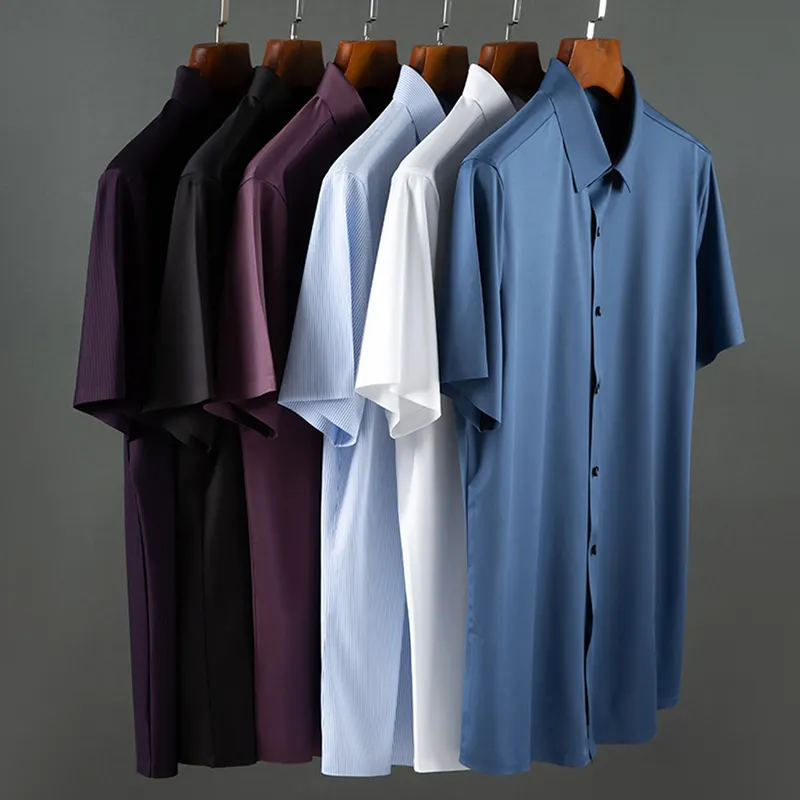 Yüksek kaliteli elastik özel Logo rahat iş iş gömlek erkekler için kısa kollu erkek resmi elbise gömlek
