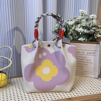 Nieuwe Qetesh schattige cartoon bloemen fruit bedrukte canvas tote bag met aangepaste logo touwhandvat kleine handtas voor dames dagelijks casual gebruik