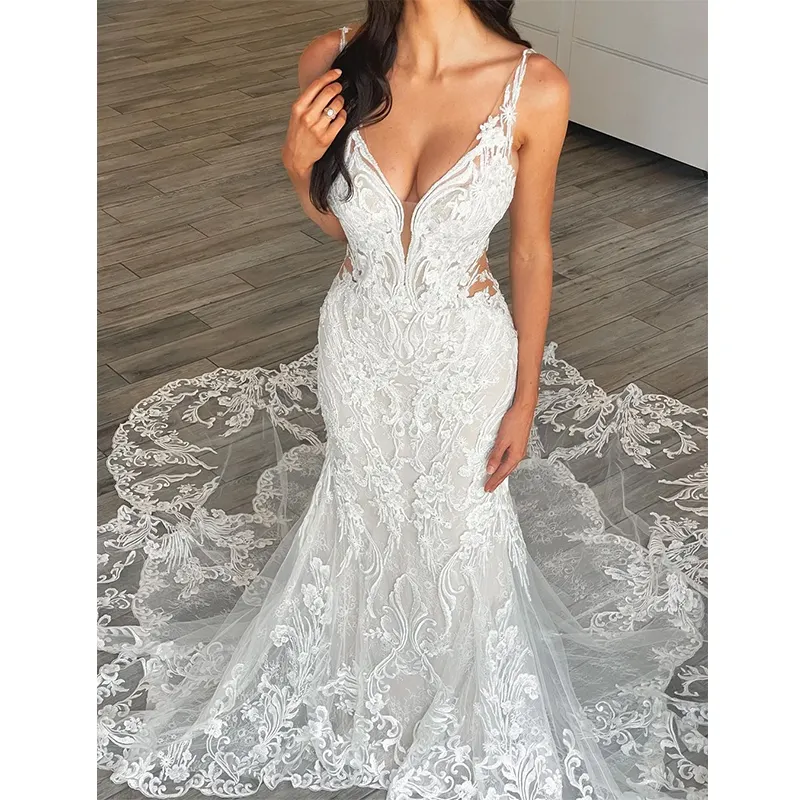 2022 Mermaid wedding dress Spaghetti Strap romantic lace applique V neck bridal dress wedding gown