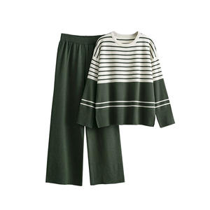 Suéter a rayas, trajes de mujer, Tops sueltos + Pantalones largos de piernas anchas sólidas, trajes de dos piezas de punto de invierno cálido informal de otoño - Product Image 5