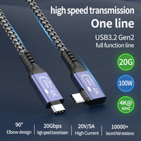 Nylon jalinan Usb 3.2 Gen2 Tipe C 20Gbps, jalinan nilon sudut kanan 90 derajat, transmisi Data Usb C ke Usb C Thunderbolt 3 kabel
