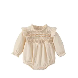 Baby Girls Ruffled Collar Smocked Bodysuit Puff Full-Sleeve Cotton Baby Rompers