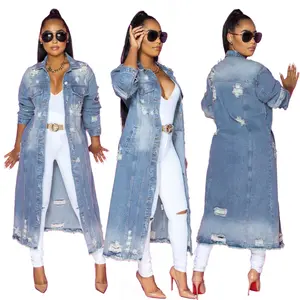 JLX-6083 Модные женские рваные джинсы с длинными рукавами джинсовая ветровка; Куртка-кардиган; Детская джинсовая накидка