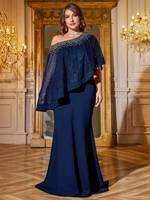 Robe de soirée pour femme, asymétrique à une épaule, manches cape, faite à la main, avec des paillettes brillantes, coupe ajustée, traîne longue