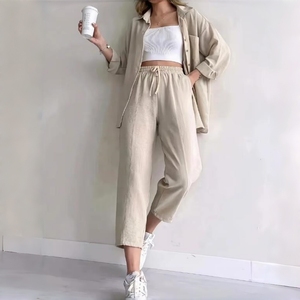 Conjunto Casual de Dos Piezas para Mujer, Primavera, Manga Larga, Color Sólido, Traje de Moda, Camisa y Pantalones de Cintura Alta, Conjunto de Oficina para Otoño - Product Image 1