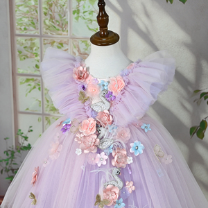 Piccola gonna floreale con maniche volanti gonna abito viola da principessa per bambina con paillettes con perla cigno <span class=keywords><strong>farfalla</strong></span> abito da ragazza fiore - Product Image 5