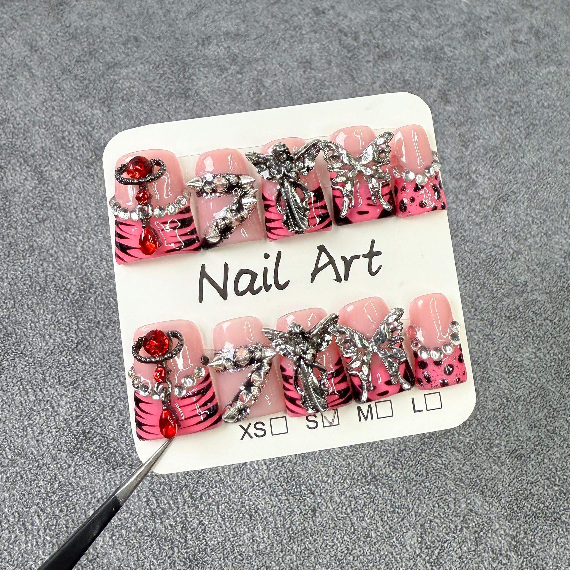 TSZS Leopard Prin Pink French Nail Tips Y2K Style Short Duck Handmade Press on Nails with Spikes Angel Flower Charms Rhinestones