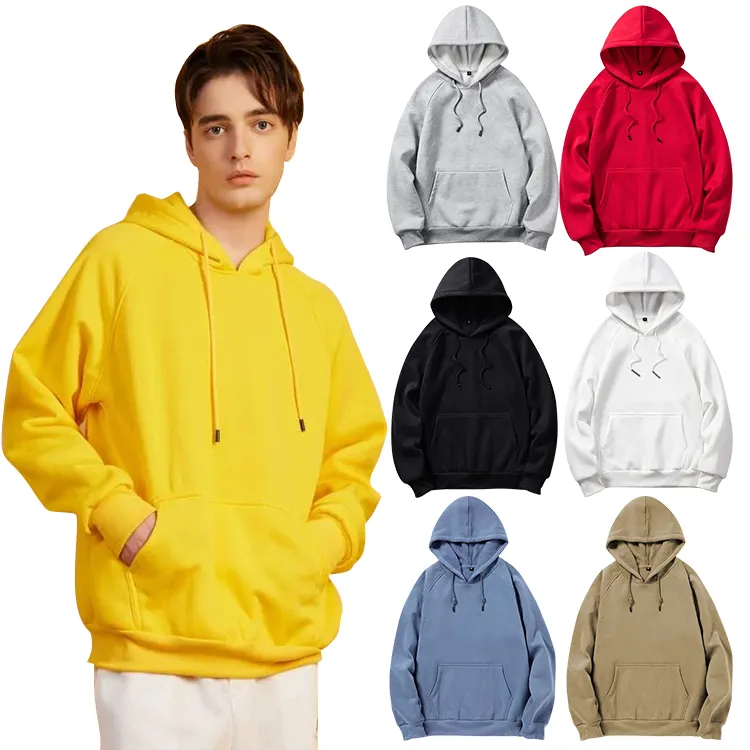 Custom High Quality Soft Yellow Basic Pullover Hoodie for Men Casual Solid Regular Sleeve Drawstring Kangaroo Pocket Hoodies