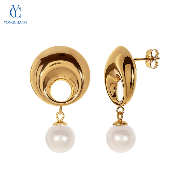 Trendy Geometric Semi-Sphere Stud Pearl Drop Earrings 316L Stainless Steel 18K Gold Plated PVD Waterproof Statement Jewelry
