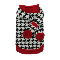 Sweater dan Syal Anjing 2 Buah Set Hitam Putih Motif Houndstooth Rajutan Pakaian Hangat Musim Dingin untuk Hewan Peliharaan Pom Pom Merah Hadiah untuk Anjing