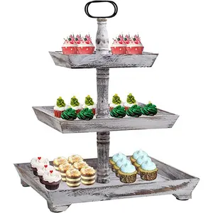 3 계층 컵케익 스탠드 사각형 서빙 트레이 나무 케이크 스탠드