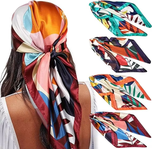 4 pièces <span class=keywords><strong>de</strong></span> foulards carrés en satin <span class=keywords><strong>de</strong></span> <span class=keywords><strong>soie</strong></span> <span class=keywords><strong>de</strong></span> haute qualité 90x90cm, imprimés numériques multi-styles, foulards pour cheveux et cou pour femmes et hommes, vente en gros à bas prix - Product Image 2