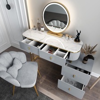 Commode moderne en bois laqué brillant blanc et gris clair avec miroir et lumières LED