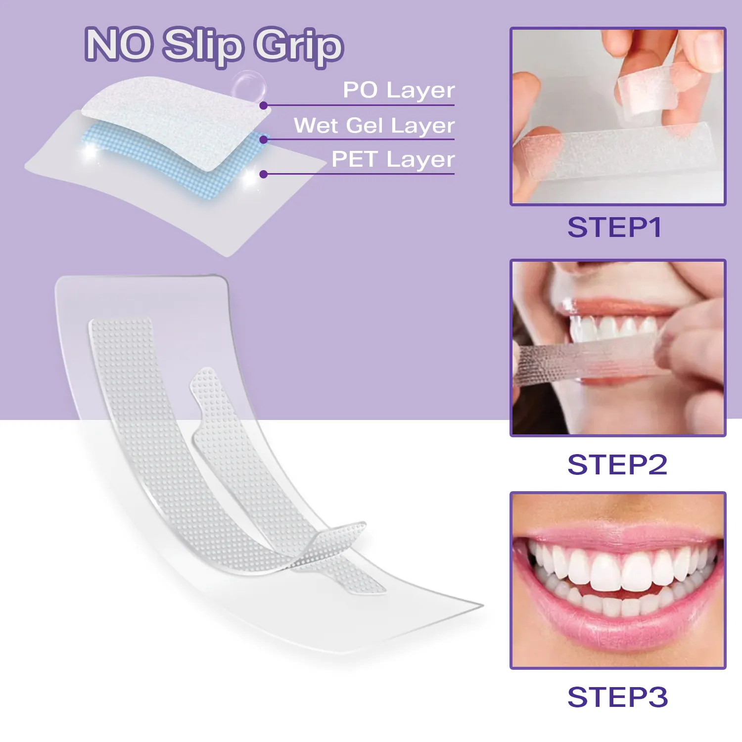 CE Aprovado Vegan Não Peróxido PAP Sensível Livre Roxo Teeth Whitening Strips Logotipo Privado