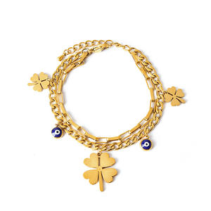 Bracciale da Donna in Acciaio Inossidabile con Ciondolo Occhio Placcato Oro 18K Regolabile Multistrato Quadrifoglio Gioielli all'Ingrosso - Product Image 5