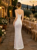 Robe de soirée sirène blanche à sequins irisés, col carré, bretelles spaghetti, dos nu, traîne, pour soirée formelle, vente en gros