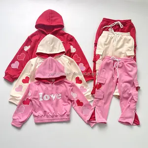 Set pakaian anak perempuan Hoodies cetak Hari Valentine, Set hadiah Hari Valentine musim gugur 2024, merah muda, cinta cetak, Set pakaian perempuan