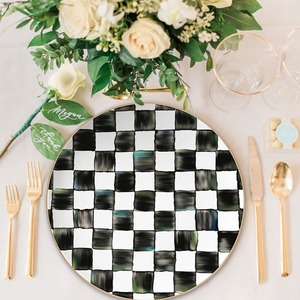 Nordic Style Black White Plaid Custom Logo Porcelain <b>Flat</b> Dinner Plate - Product Image 3