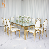 Table rectangulaire en acier inoxydable doré avec plateau en verre miroir pour événements, banquets, fêtes et mariages