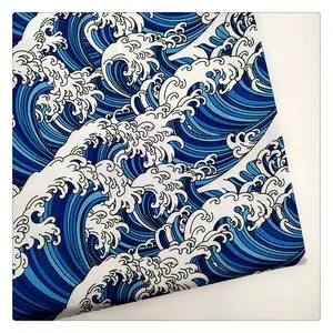 YH8-4053 Ready to ship retro style Blue Waves Lining Fabric digital print satin interlining for garment