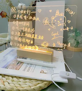 Ins Hot indoor Led night light USB Transparent Acrylic Message Board with erasable Pen Battery Powered Wood Stand Holder