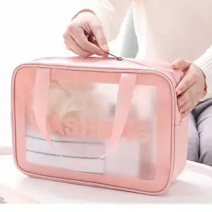 2023 hot sale Custom half Transparent Makeup PU PVC Bag Clear Cosmetic Bag Travel Make Up Pouch OEM Waterproof wash Bag