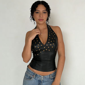 Top Halter Sexy de Cuero PU para Mujer con Tachuelas y Cremallera Trasera, Cuello en V, Ajuste Delgado, Estilo Gótico para Fiesta y Ropa Urbana - Product Image 5