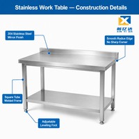 Table de travail commerciale en acier inoxydable 304 au design contemporain pour restaurant, cuisine, hôpital, atelier, laboratoire
