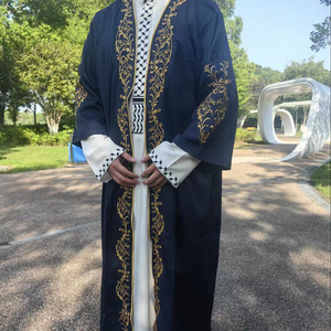 BIBOKAOKE Uomo Abiti Musulmani Caftano V Scollo Etnico Manica Corta Robe Caftano Tinta Manica Lunga Medio Oriente Arabi Saudita Abiti Turchi Thobe Uomini Abbigliamento da preghiera, Marine6, XXL