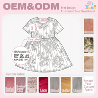 Robe d'été élégante pour petites filles, imprimé floral et rayures personnalisés, col rond, manches courtes, idéale pour anniversaires et vacances