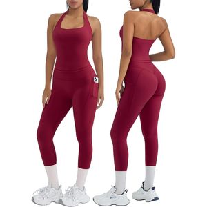 2 Piece Workout Set Women Halter Top Booty <b>Leggings</b> With <b>Pockets</b> Gym Outfit Yoga Sets - Product Image 1