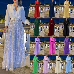 Ensemble <span class=keywords><strong>pantalon</strong></span> et chemise pour femme, chemise à col en V, couleur unie, manches longues, <span class=keywords><strong>pantalon</strong></span> à jambes larges à paillettes, ensemble <span class=keywords><strong>pantalon</strong></span> pour femme - Product Image 4