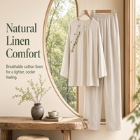 Ensemble pyjama 2 pièces pour femmes HDS404 en coton et lin, peint à la main, style chinois, manches longues, pantalon long, vêtements de détente