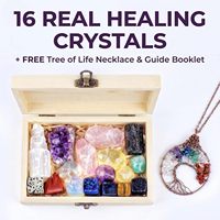 Set de Cristales Curativos, 16 Cristales de Chakra para Aliviar el Estrés/ansiedad, Caja de Regalo de Madera + Collar Árbol de la Vida + Selenita Amatista