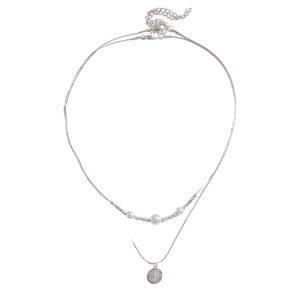 Collier double couche en acier inoxydable plaqué argent pour femme avec pendentif imitation perle et zircone pour mariage et usage quotidien - Product Image 4