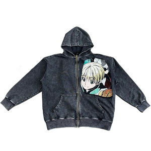 Nouveau style 2026 : Sweat à capuche zippé avec patchs de personnages d'anime, noir délavé, style rétro <span class=keywords><strong>manga</strong></span>, avec patchs <span class=keywords><strong>tapisserie</strong></span> - Product Image 2