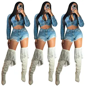 X13093C denim shorts suits 2024 spring women long sleeve denim coats and stretchshorts matching suits