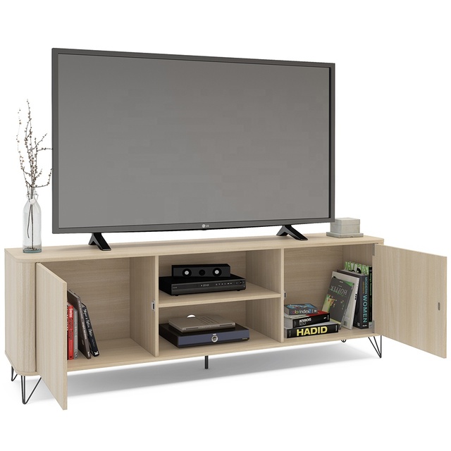 Modern Style CARTAGENA 2 Doors TV Stand Wooden Living Room Particleboard Floor Mount Fits 65"+ Easy Assembling