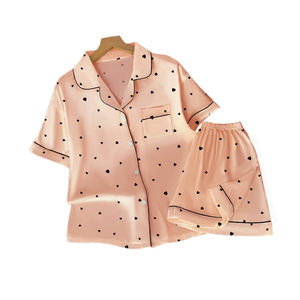Ensemble de pyjamas en satin <span class=keywords><strong>Sweet</strong></span> Love Summer, taille élastique, manches courtes, confortable, respirant, vêtements de maison doux et relaxants, vente en gros - Product Image 1