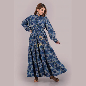 Vestido de Algodón para Mujer, Estampado a Mano, Estilo Escalonado, Manga Abullonada, Cuello Alto, Ecológico, Atuendo Casual - Product Image 6