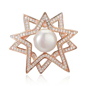 Broche de flor de Plata de Ley 925 para mujer, perlas de agua dulce chapadas en rodio, broches de diamantes de imitación para boda - Product Image 1