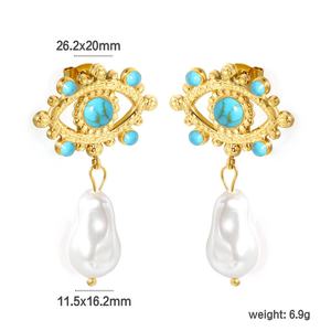 Boucles d'oreilles pendantes vintage européennes pour femmes, en acier inoxydable plaqué or 18 carats, anti-ternissement, avec perles irrégulières et turquoise - Product Image 4