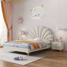 Cama Moderna y Sencilla Estilo Concha Color Crema de 1.5m para Dormitorio Principal Doble, Cama Infantil de Tela Estilo Princesa de 1.2m - Product Image 4