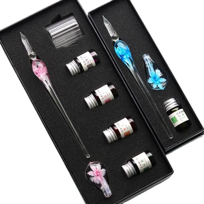 Art Writing Signature Calligraphy decorative flower Crystal lamp Glass pen Colored Ink Murano Glass Dip ink set