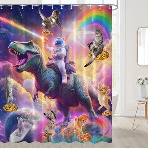Drôle chat rideau de douche Cool dinosaure océan vague rideau de douche chat équitation dinosaure salle de bain décor à la maison personnalisé en Stock - Product Image 4