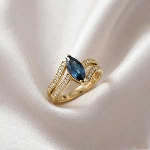 Anillo de topacio azul de Londres natural en plata de ley 925 con corte marquesa, anillo de eternidad en plata vermeil, anillos bohemios llamativos para mujer, para aniversario. - Product Image 3