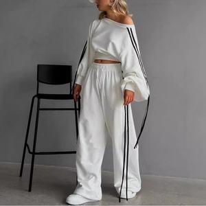 Ensemble sweat-shirt et pantalon de survêtement personnalisé avec logo OEM, sweat-shirt à une épaule rayé uni, 100% coton French Terry, ensemble de jogging sportif OOTD - Product Image 1