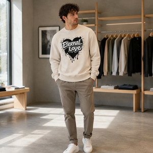 Sudadera de cuello redondo para hombre con estampado de corazón, jersey de algodón suave color crema, estilo urbano - Product Image 5