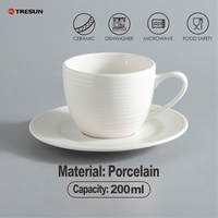 Vente en gros de vaisselle personnalisée de 200 ml, tasse à thé et à café blanche, tasse et soucoupe en céramique de porcelaine de luxe en relief